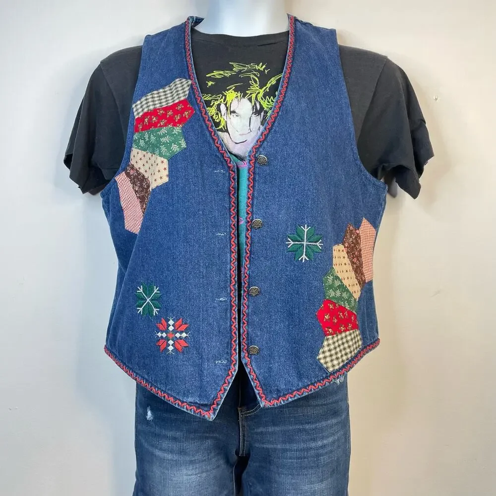 Susan Bristol Vintage Patchwork Embroidered Denim Boho Western Country Vest M - Picture 9 of 12